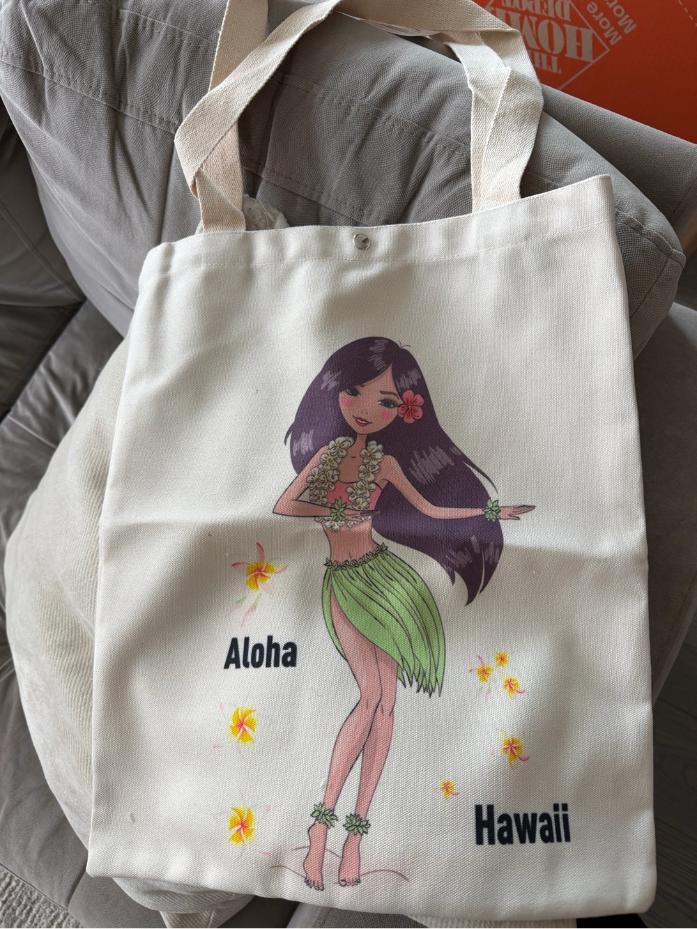 Aloha Hawaii Canvas Tote Bag - Cream with Green and Purple Hula Girl